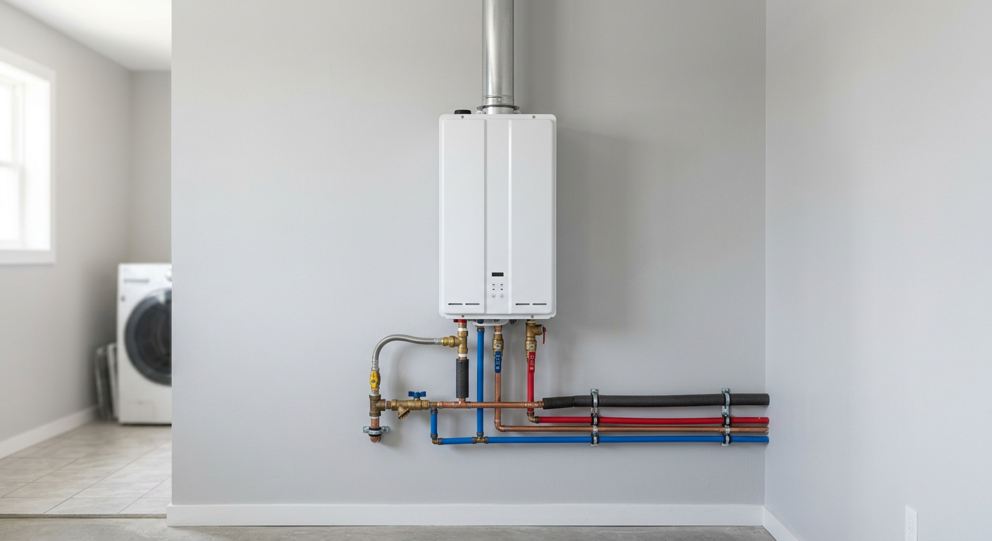 A neatly installed modern tankless water heater with copper piping